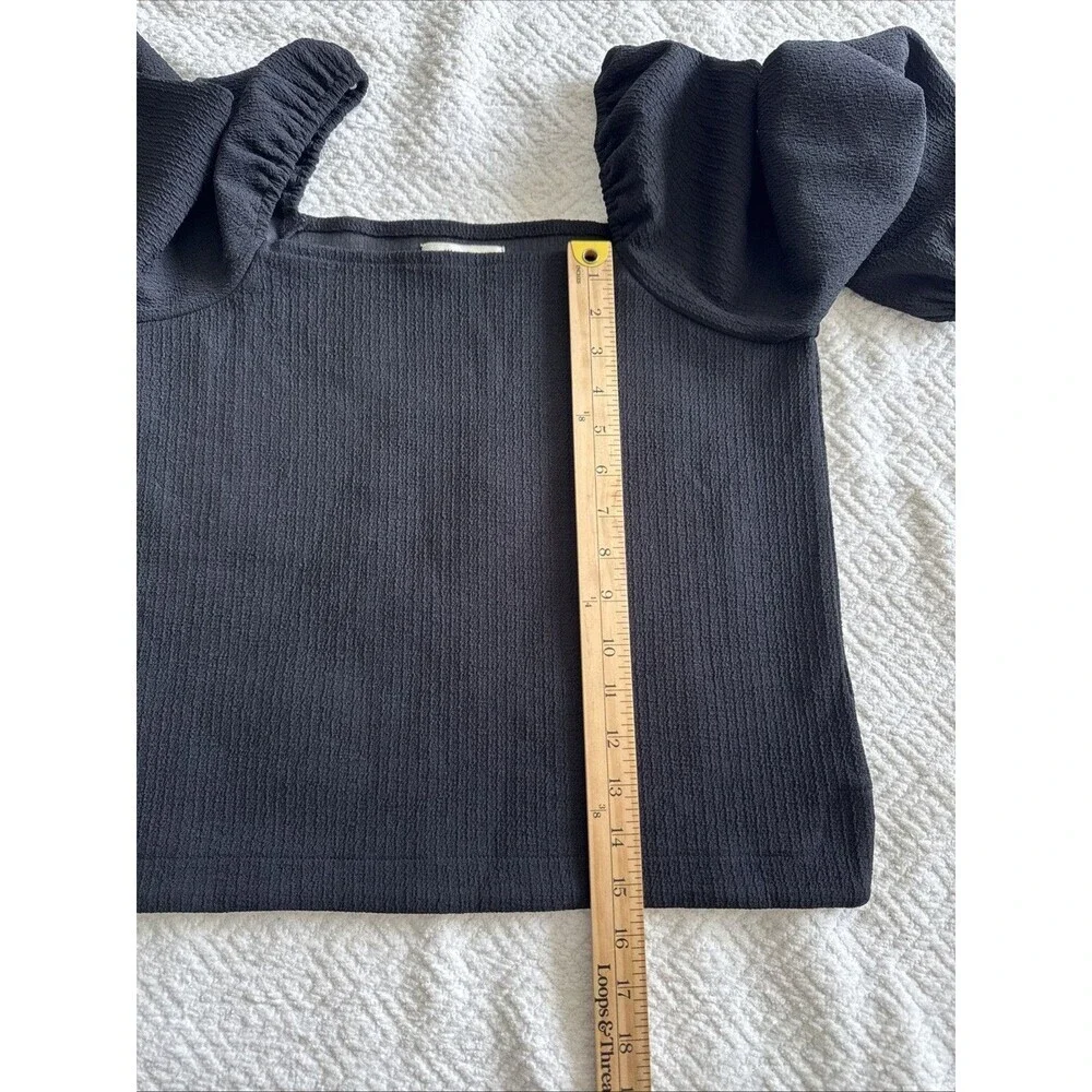 Madewell Sz S Crepe Square Neck Puff Sleeve Top Black Polyester Off Shoulder